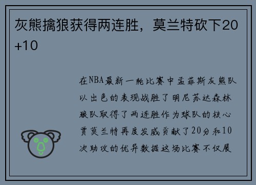 灰熊擒狼获得两连胜，莫兰特砍下20+10